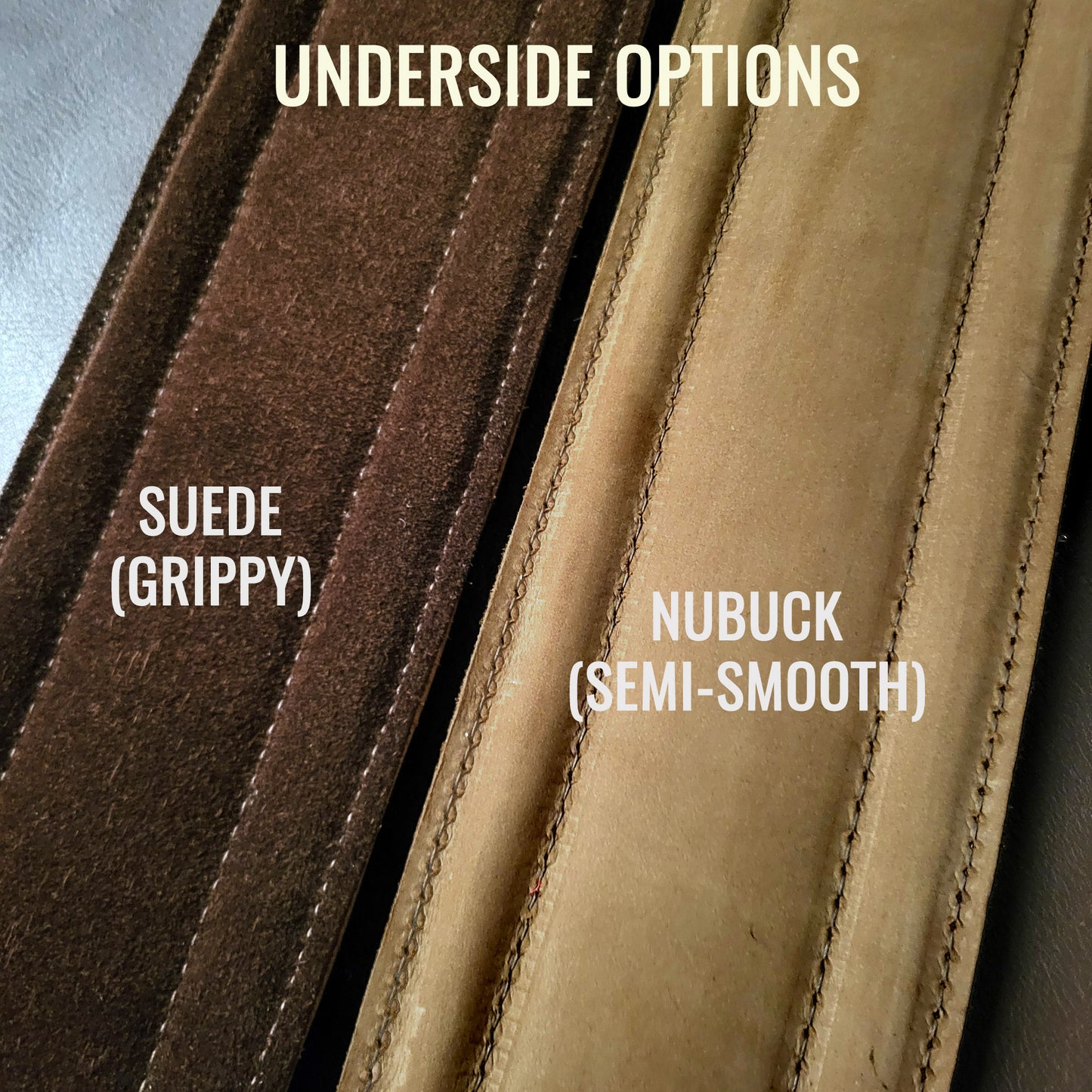 Comparison of suede and nubuck leather textures with labels.